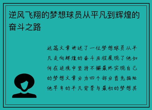 逆风飞翔的梦想球员从平凡到辉煌的奋斗之路